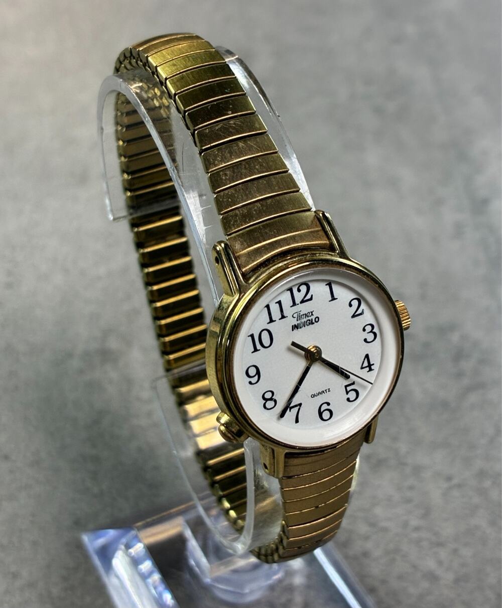 Timex Indiglo Women's 23mm Watch Gold Tone Stretch Band White Dial Working